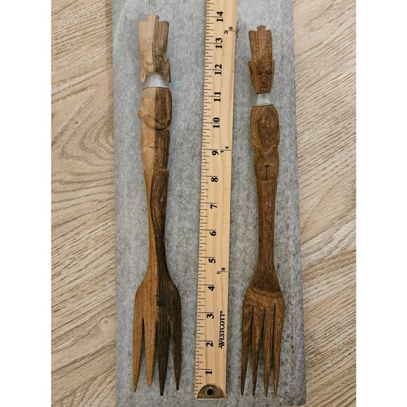 Vintage African Hand Carved Wooden Fork Set  14" Long Lot of 2 - Picture 4 of 4